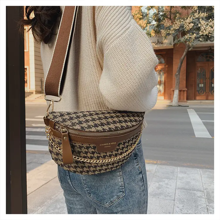 Women's Houndstooth Canvas Waist Bag with Gold Chain — feature 50