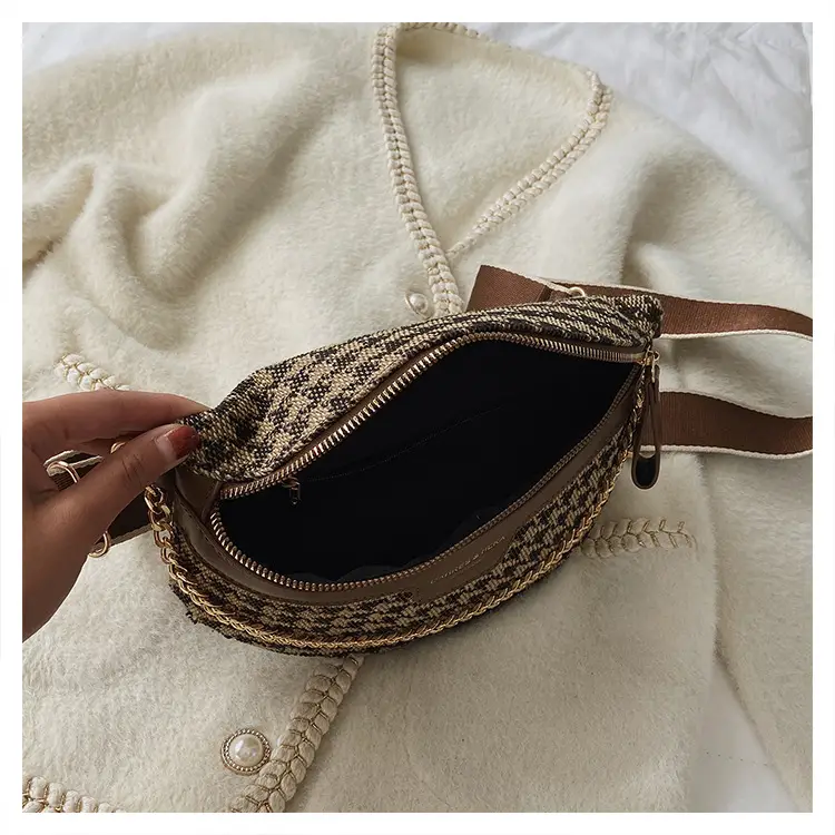 Women's Houndstooth Canvas Waist Bag with Gold Chain — feature 6