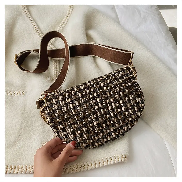 Women's Houndstooth Canvas Waist Bag with Gold Chain — feature 8