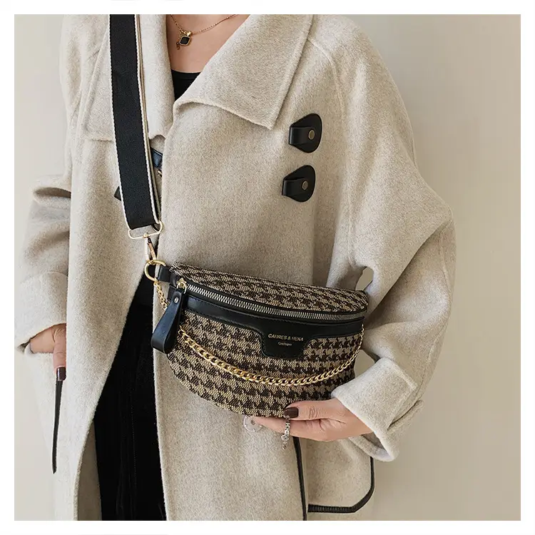 Women's Houndstooth Canvas Waist Bag with Gold Chain - Image 2