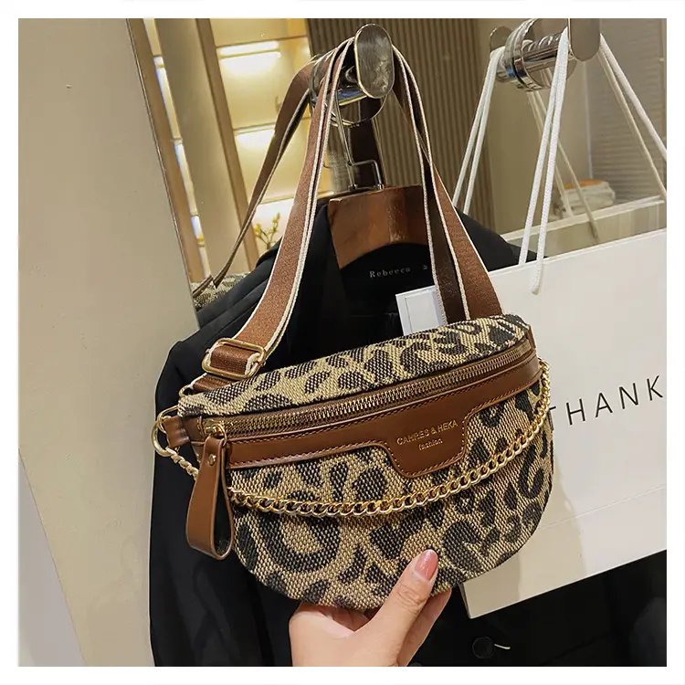 Women's Houndstooth Canvas Waist Bag with Gold Chain - Image 4