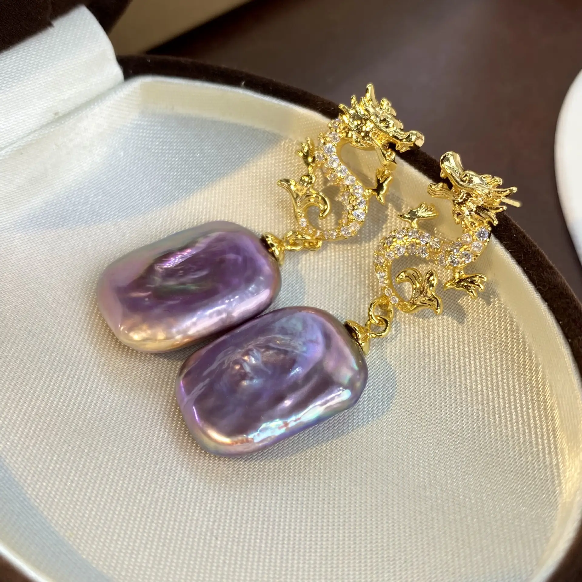 S925 Silver Pearl Earrings Purple Baroque Design