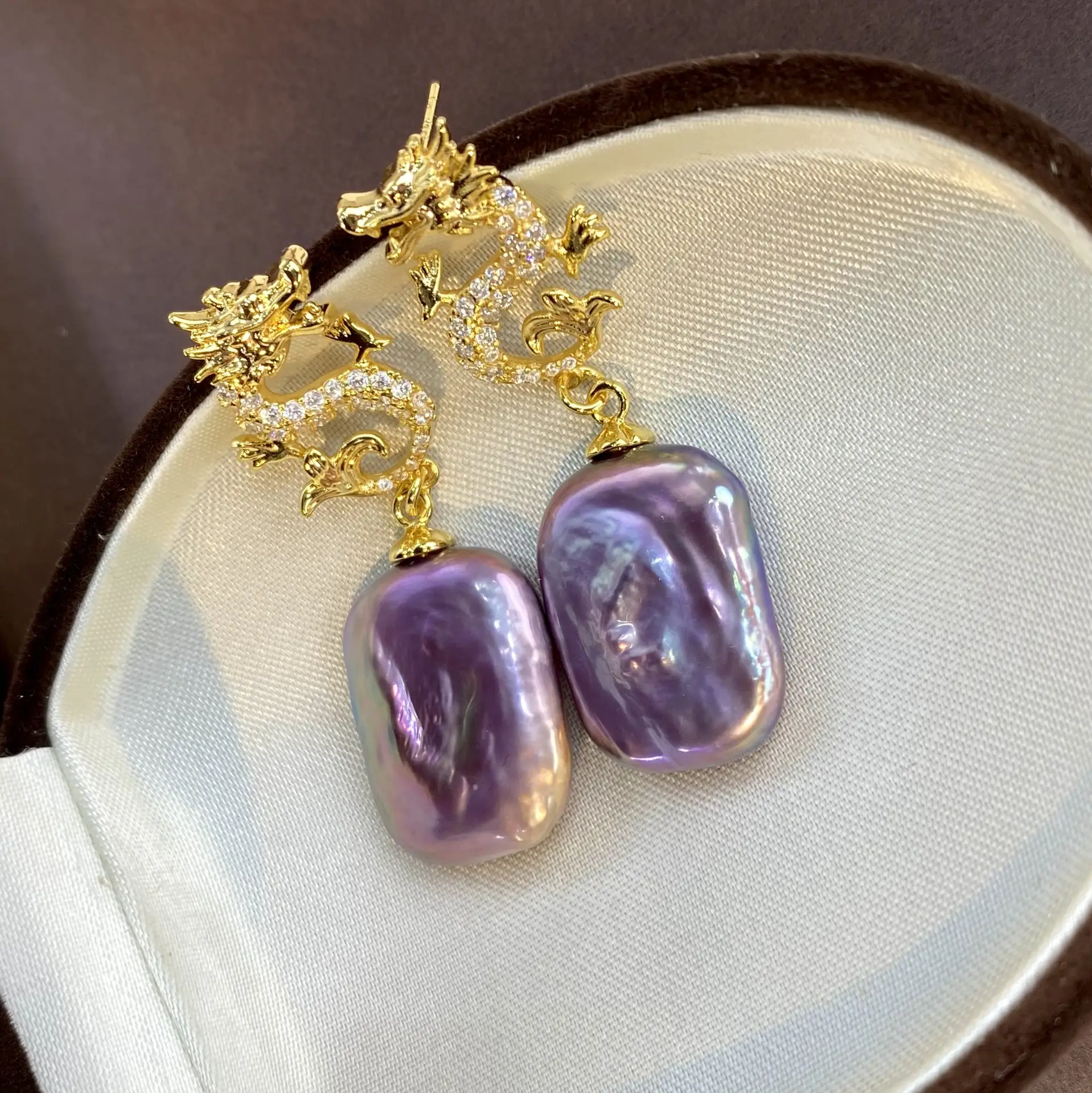 S925 Silver Pearl Earrings Purple Baroque Design