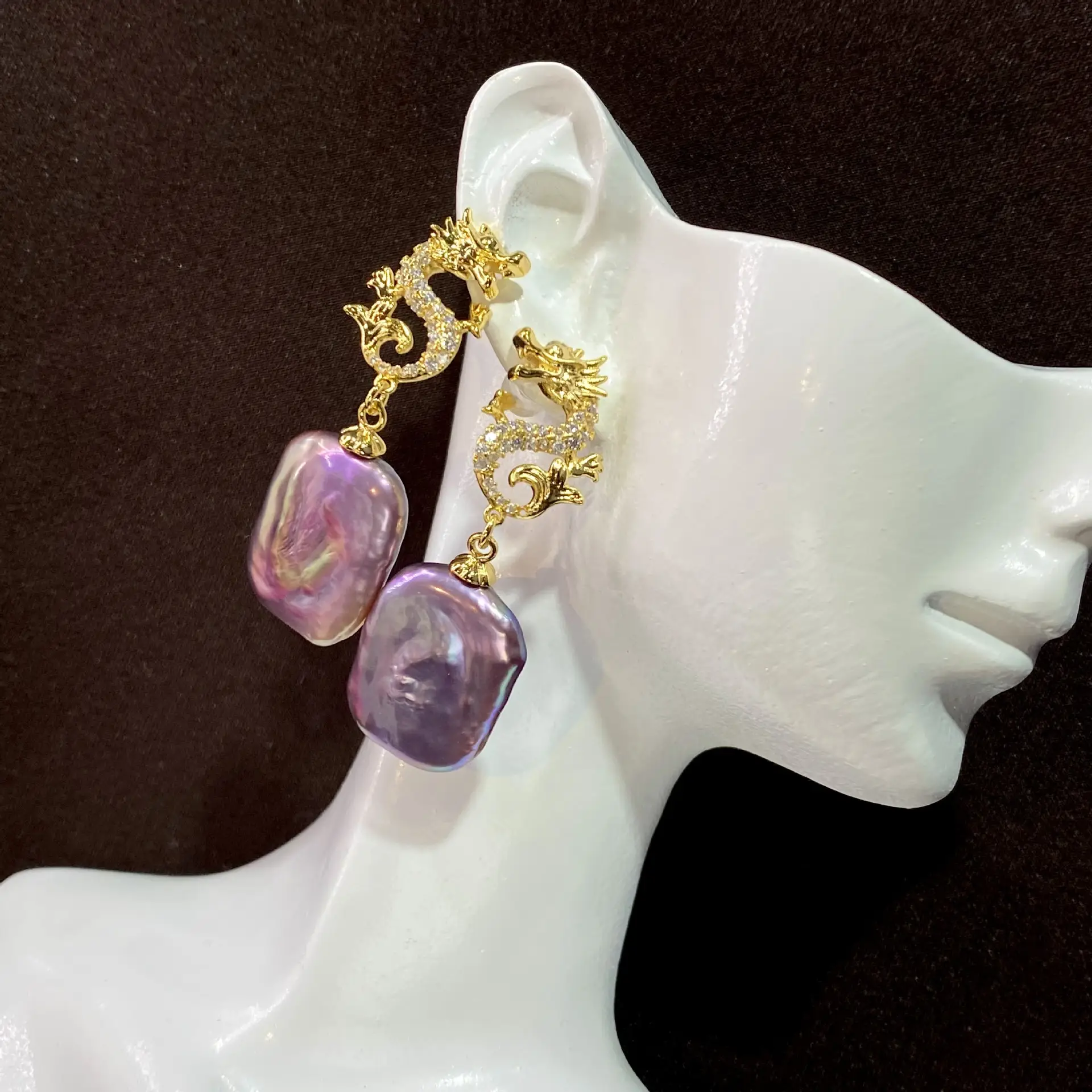 S925 Silver Pearl Earrings Purple Baroque Design