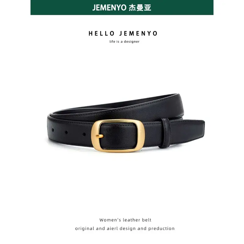 Women's Black Genuine Leather Belt with Gold Buckle - Image 5
