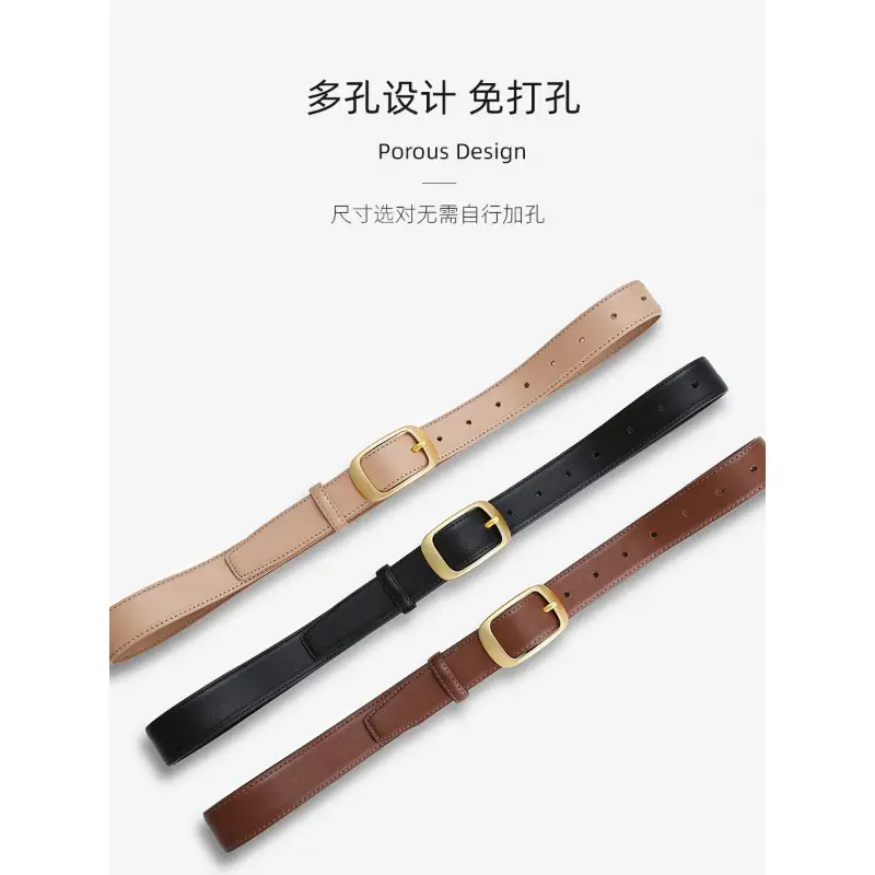 Women's Black Genuine Leather Belt with Gold Buckle - Image 6