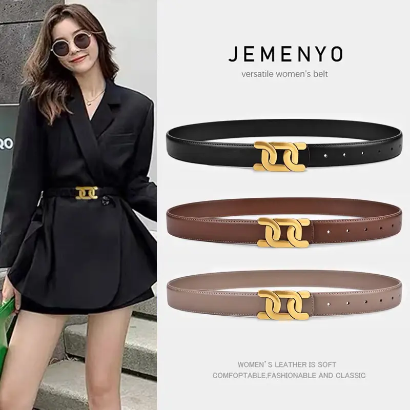 Black Leather Belt for Women with Gold Logo - Image 6