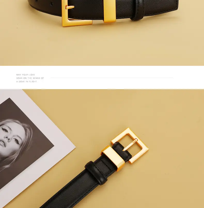 Women's Black Leather Belt with Gold Buckle 24cm — feature 17