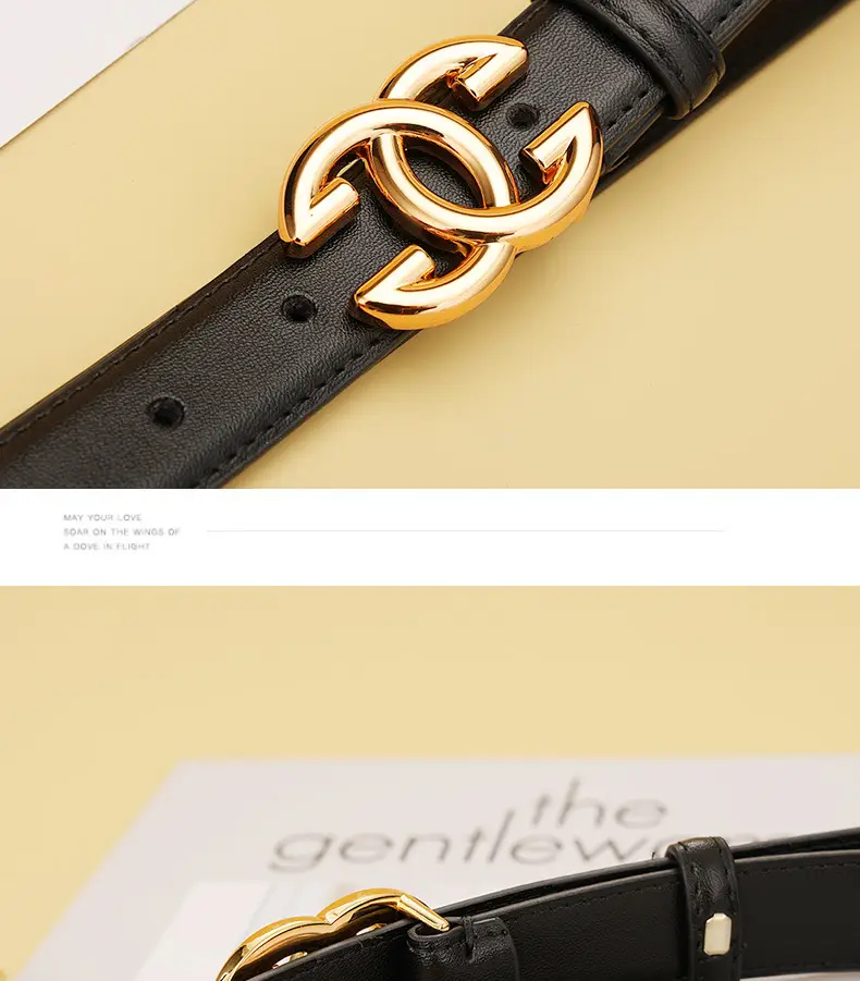 Women's Leather Belt Black Brown Gold Logo — feature 18