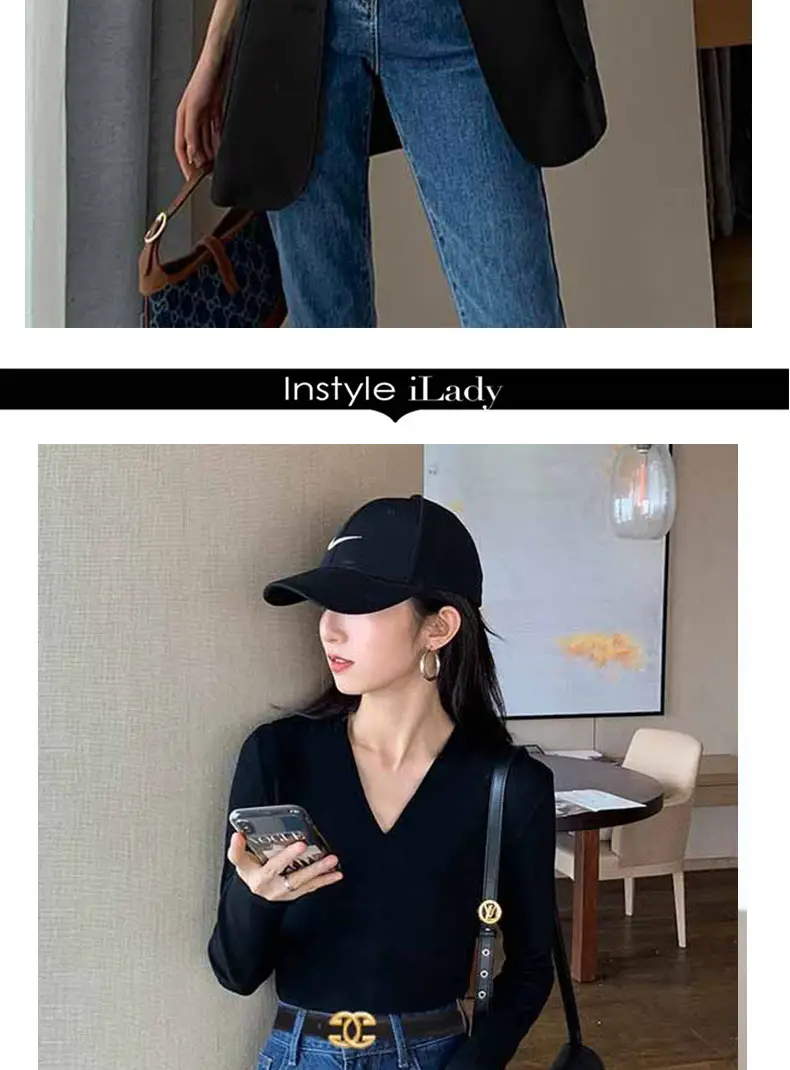 Women's Leather Belt Black Brown Gold Logo — feature 4