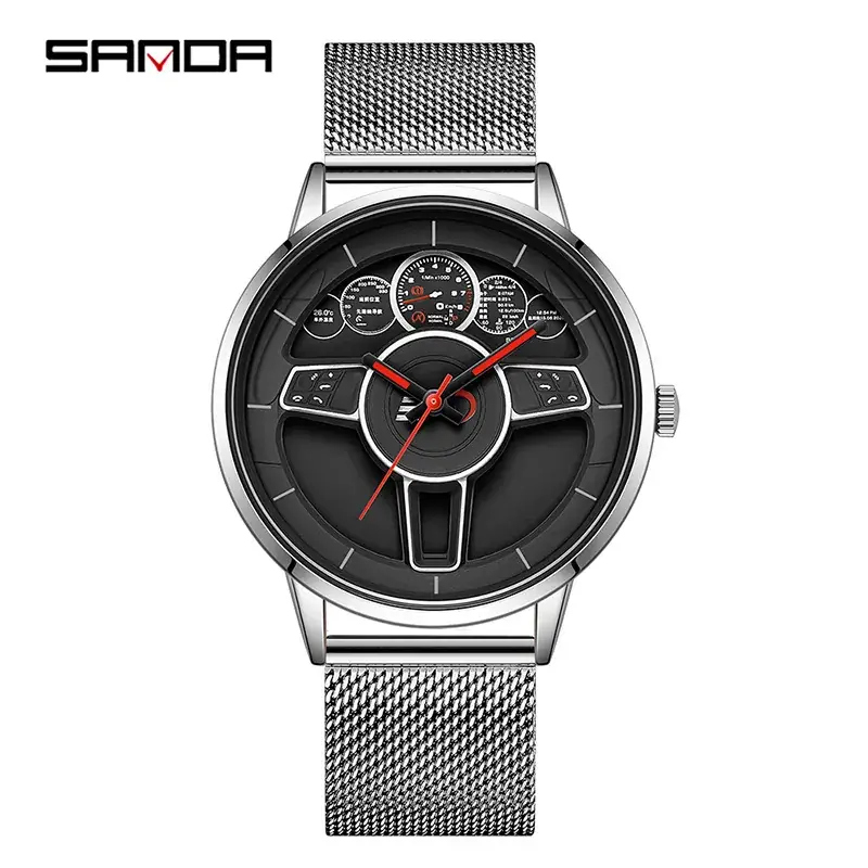 Sanda Men's Black Mesh Belt Quartz Watch with 6-Hand Dial