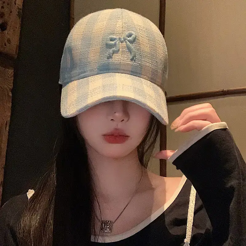 Pink Plaid Bow Denim Cap for Women Large Head Circumference