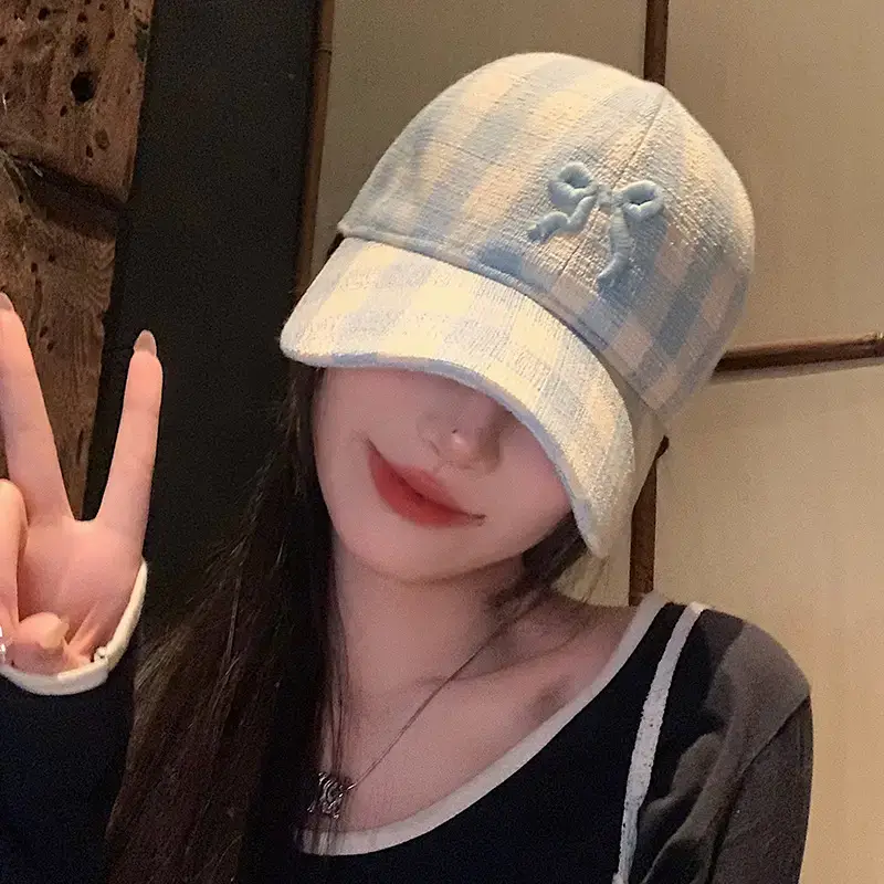 Pink Plaid Bow Denim Cap for Women Large Head Circumference