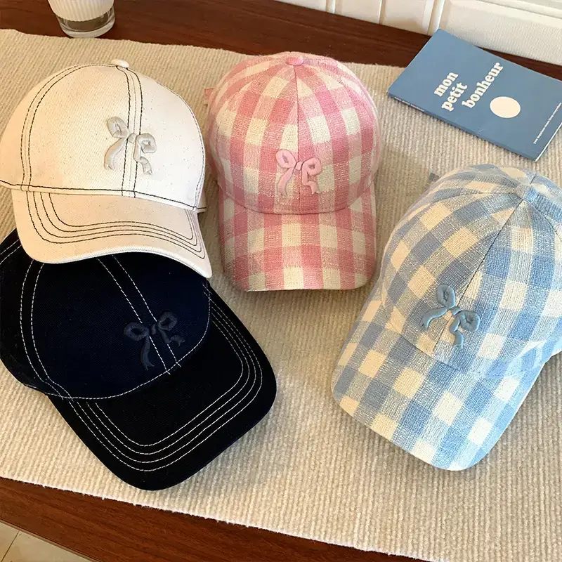 Pink Plaid Bow Denim Cap for Women Large Head Circumference
