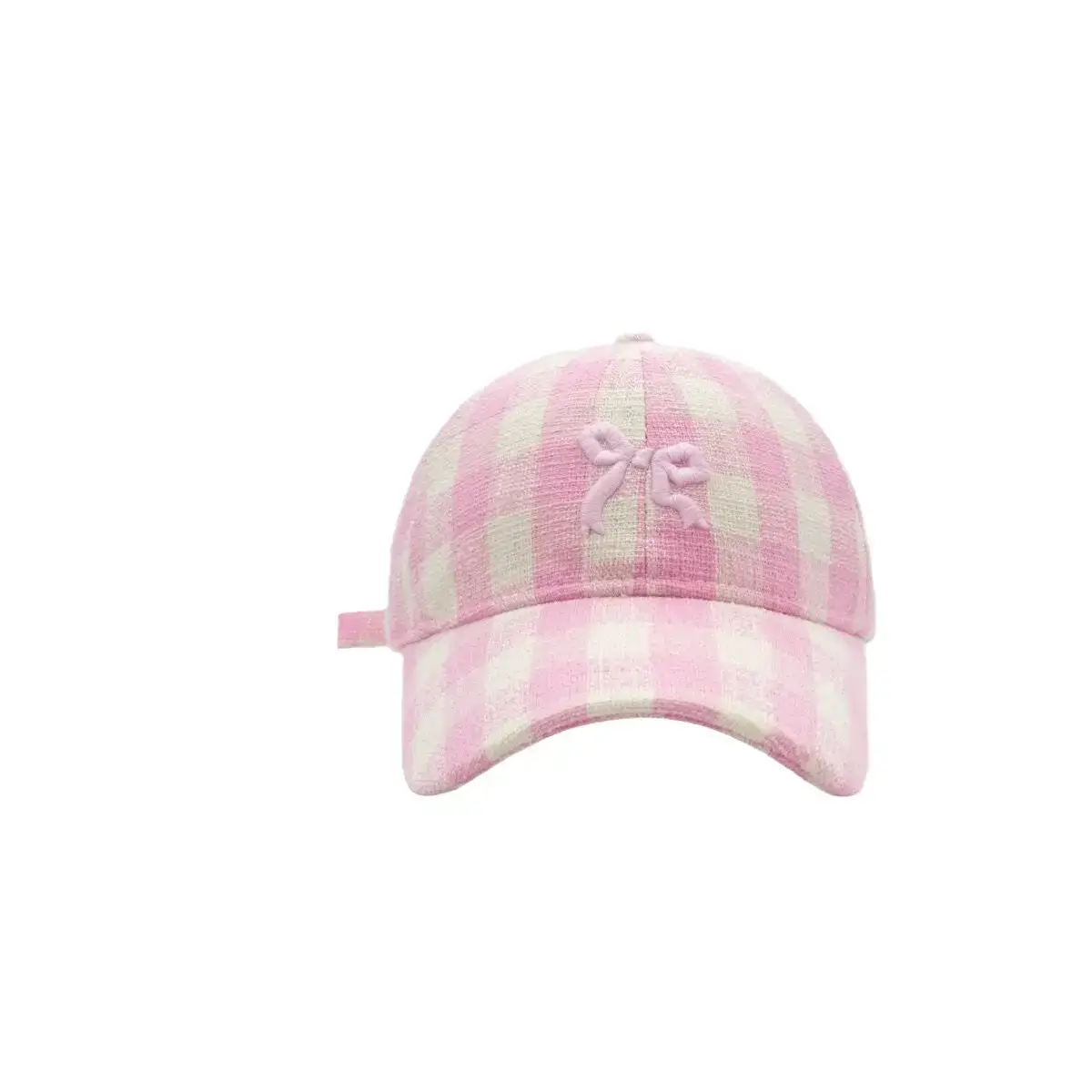Pink Plaid Bow Denim Cap for Women Large Head Circumference