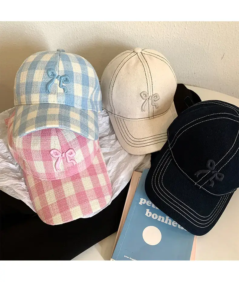 Pink Plaid Bow Denim Cap for Women Large Head Circumference — feature 10