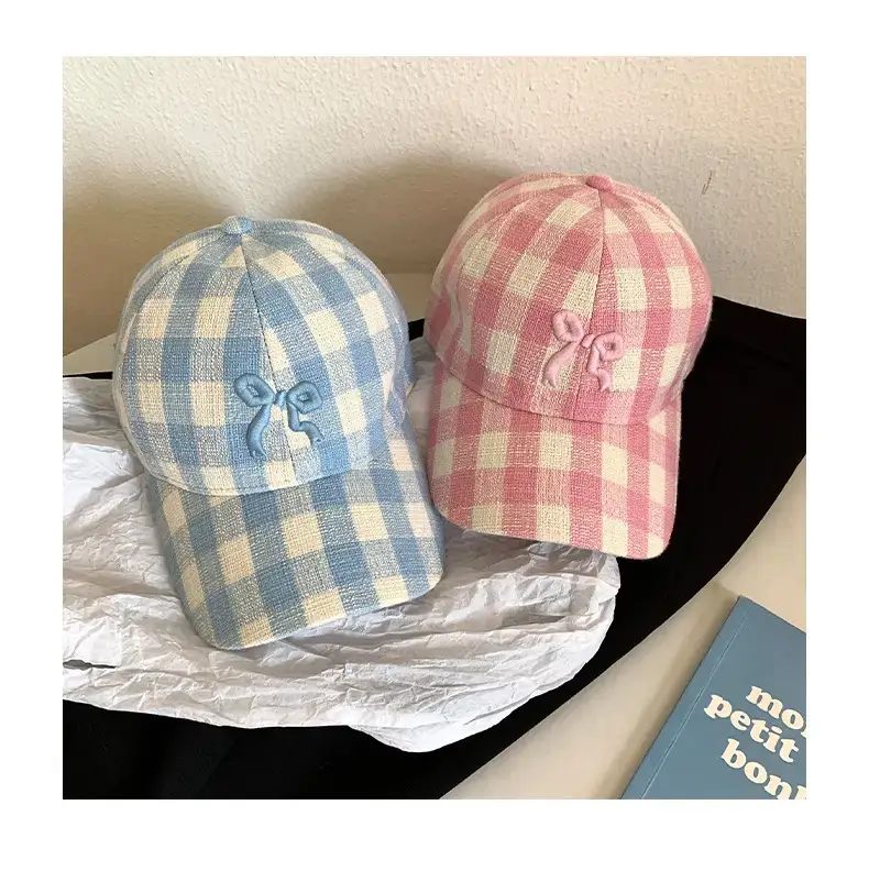 Pink Plaid Bow Denim Cap for Women Large Head Circumference — feature 11