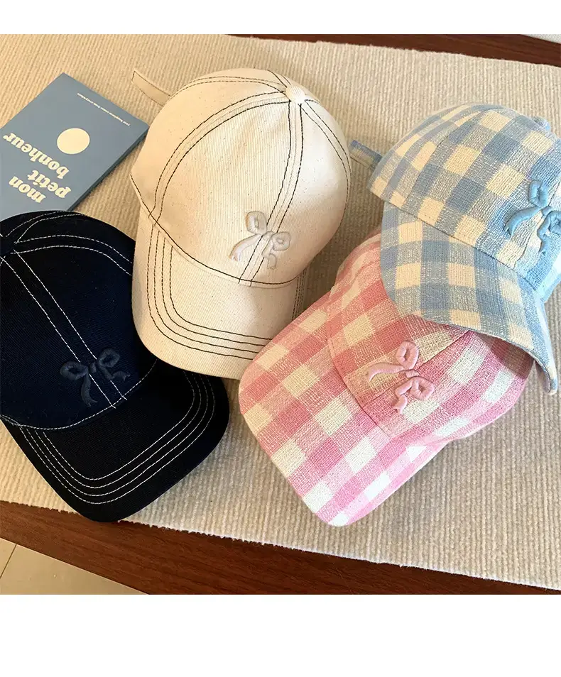 Pink Plaid Bow Denim Cap for Women Large Head Circumference — feature 12