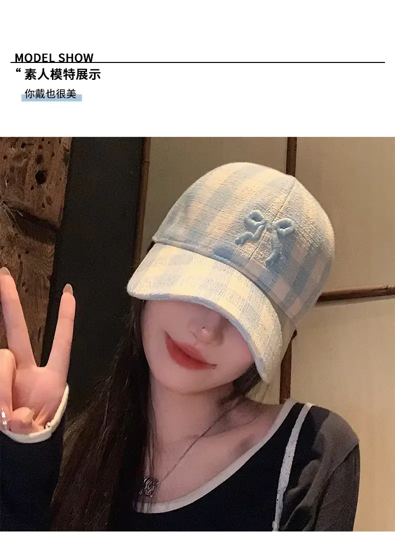 Pink Plaid Bow Denim Cap for Women Large Head Circumference — feature 6