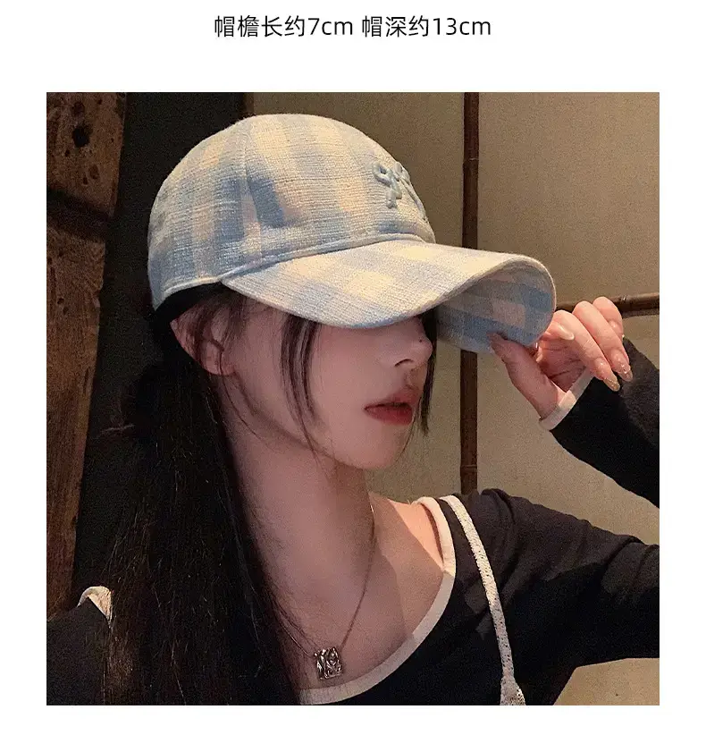 Pink Plaid Bow Denim Cap for Women Large Head Circumference — feature 7