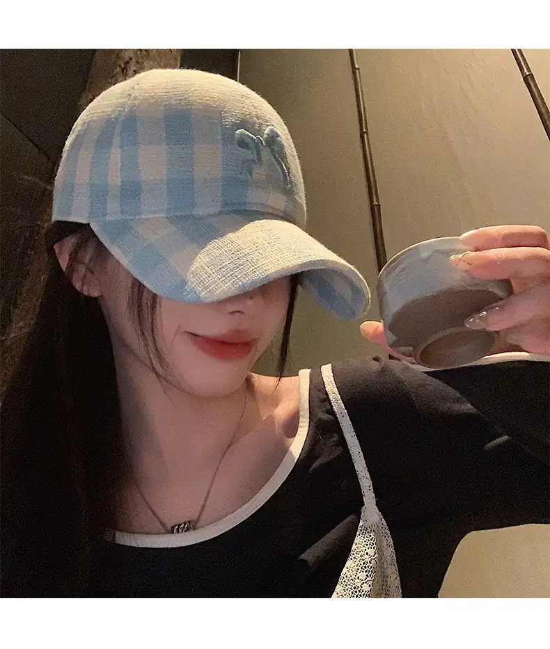Pink Plaid Bow Denim Cap for Women Large Head Circumference — feature 8