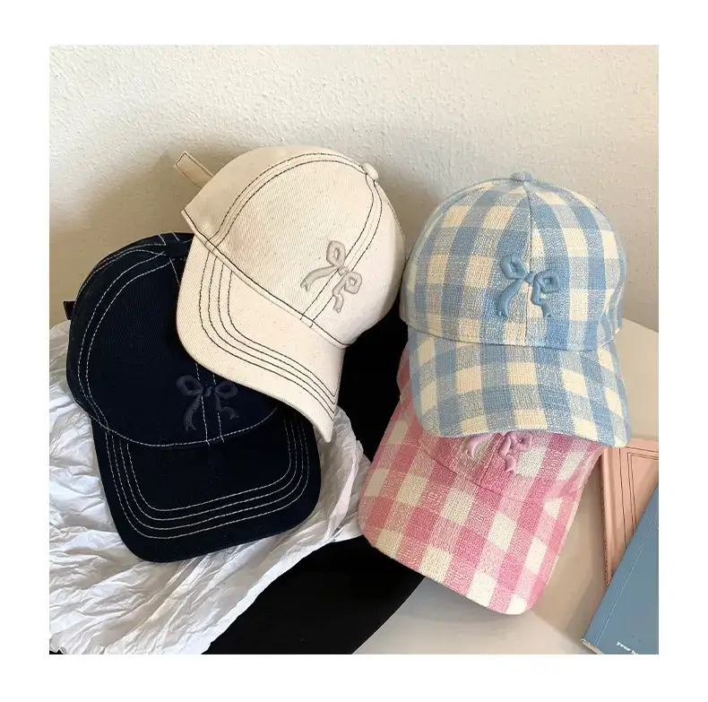 Pink Plaid Bow Denim Cap for Women Large Head Circumference — feature 9