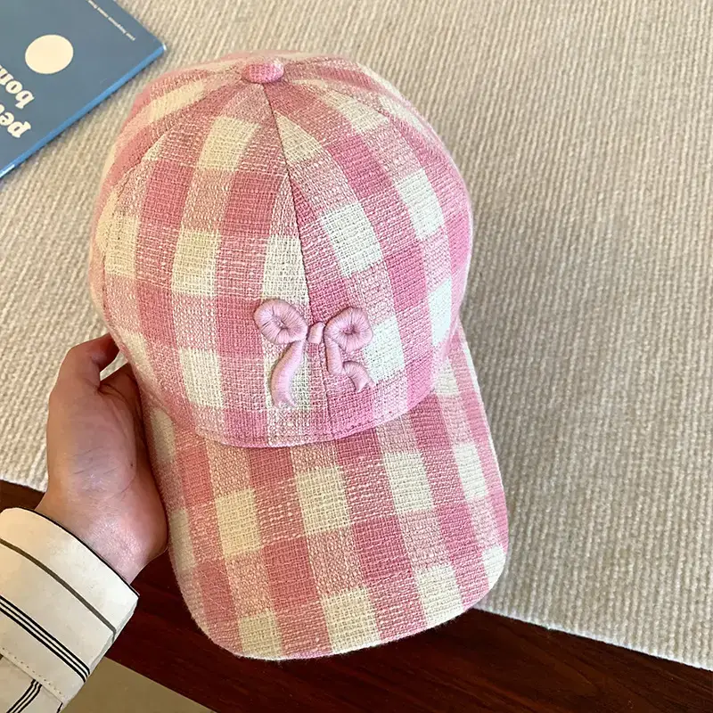 Pink Plaid Bow Denim Cap for Women Large Head Circumference