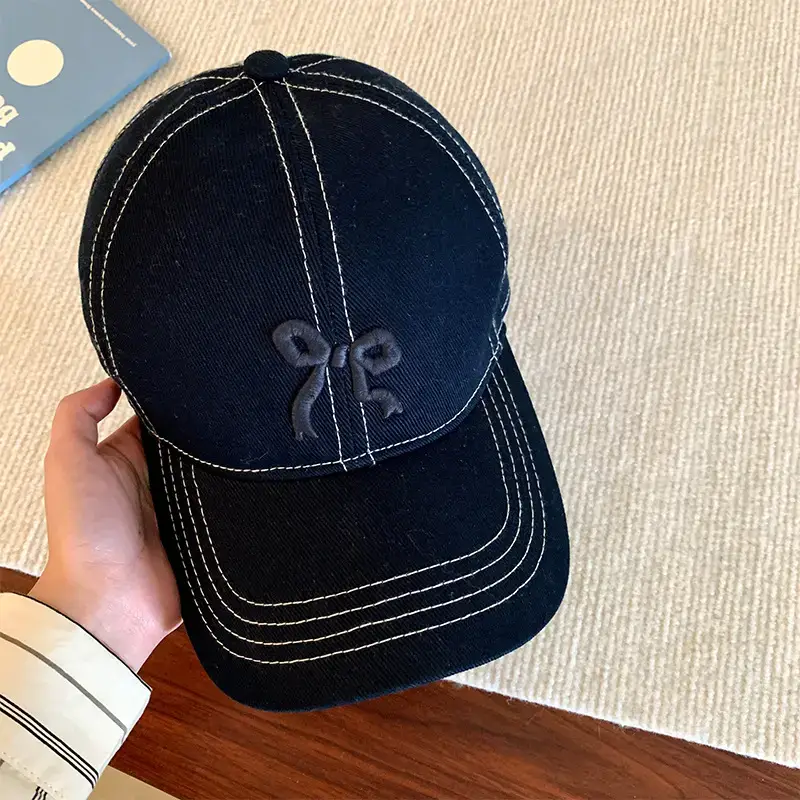 Pink Plaid Bow Denim Cap for Women Large Head Circumference