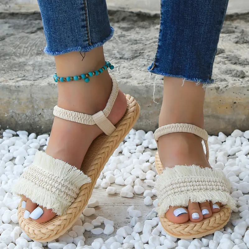 Women's One-word slippers hemp rope straw woven summer new outdoor hanging beads bow slippers outer wear flat heel slip-on