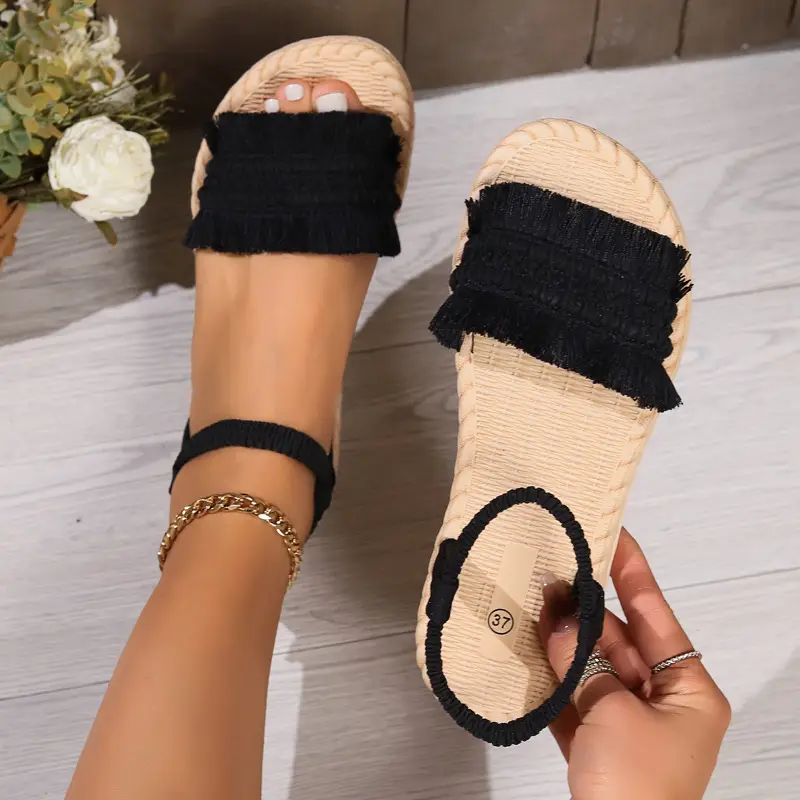 Women's One-word slippers hemp rope straw woven summer new outdoor hanging beads bow slippers outer wear flat heel slip-on — feature 15