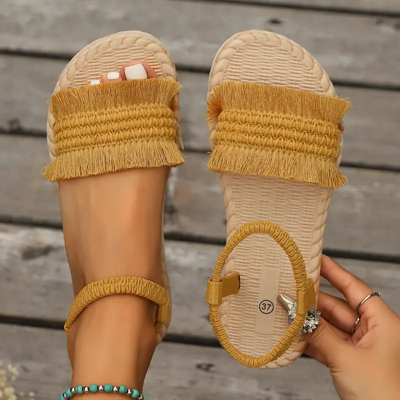 Women's One-word slippers hemp rope straw woven summer new outdoor hanging beads bow slippers outer wear flat heel slip-on — feature 16