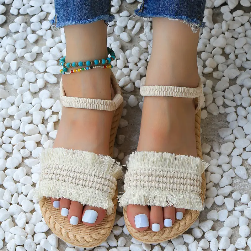 Women's One-word slippers hemp rope straw woven summer new outdoor hanging beads bow slippers outer wear flat heel slip-on — feature 2