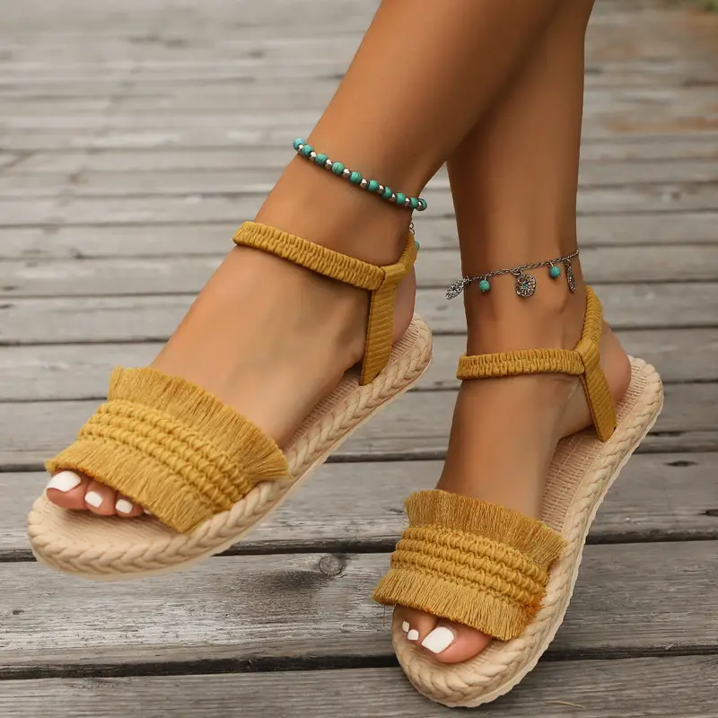 Women's One-word slippers hemp rope straw woven summer new outdoor hanging beads bow slippers outer wear flat heel slip-on — feature 21