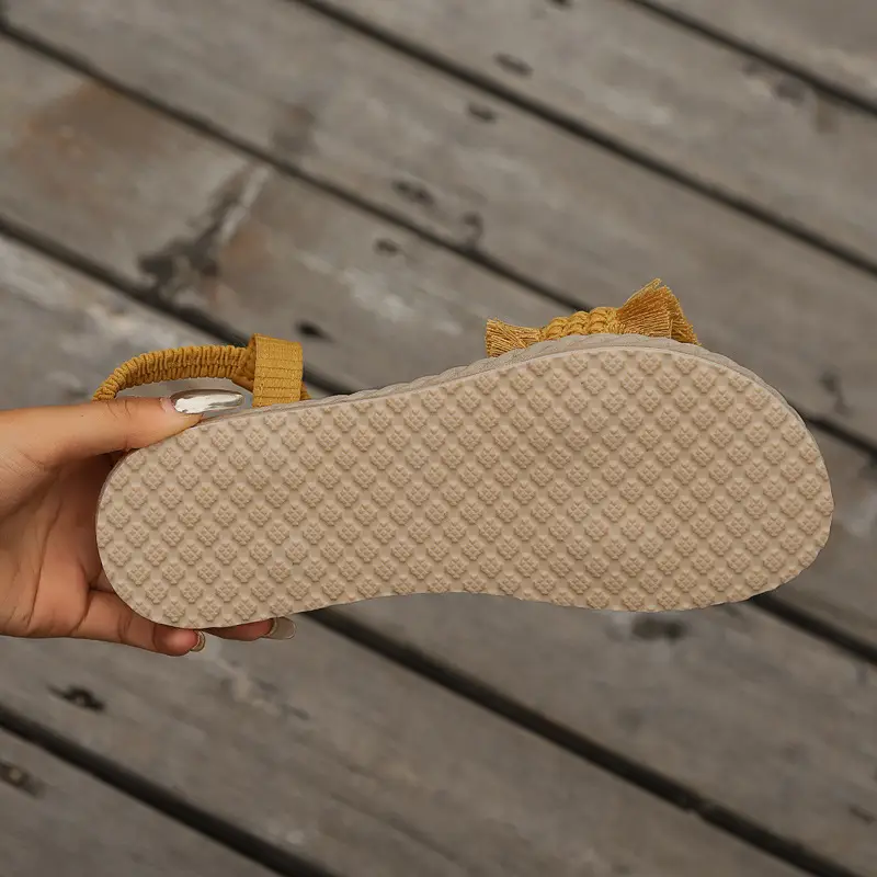 Women's One-word slippers hemp rope straw woven summer new outdoor hanging beads bow slippers outer wear flat heel slip-on — feature 22
