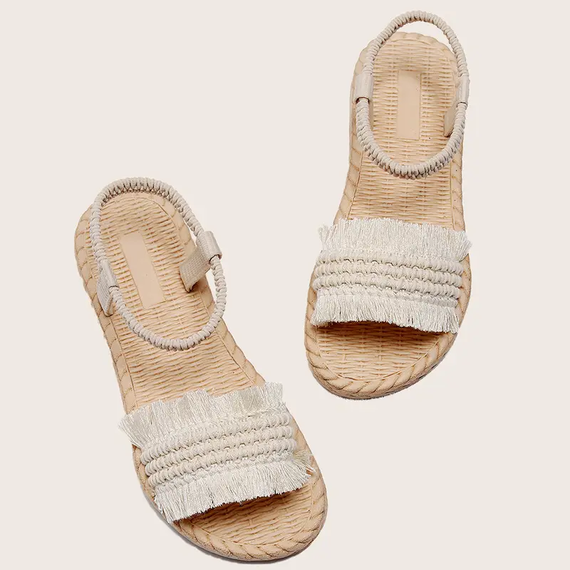Women's One-word slippers hemp rope straw woven summer new outdoor hanging beads bow slippers outer wear flat heel slip-on — feature 3