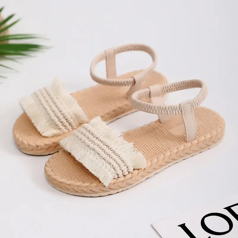 Women's One-word slippers hemp rope straw woven summer new outdoor hanging beads bow slippers outer wear flat heel slip-on — feature 4