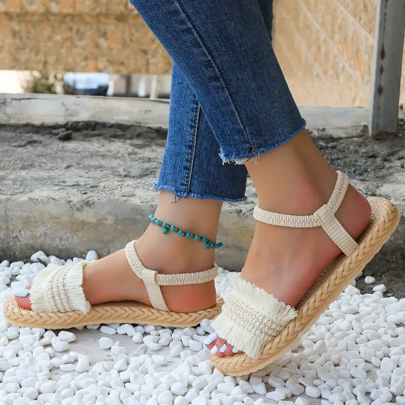 Women's One-word slippers hemp rope straw woven summer new outdoor hanging beads bow slippers outer wear flat heel slip-on — feature 5