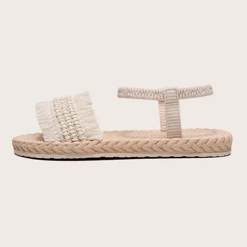 Women's One-word slippers hemp rope straw woven summer new outdoor hanging beads bow slippers outer wear flat heel slip-on — feature 6