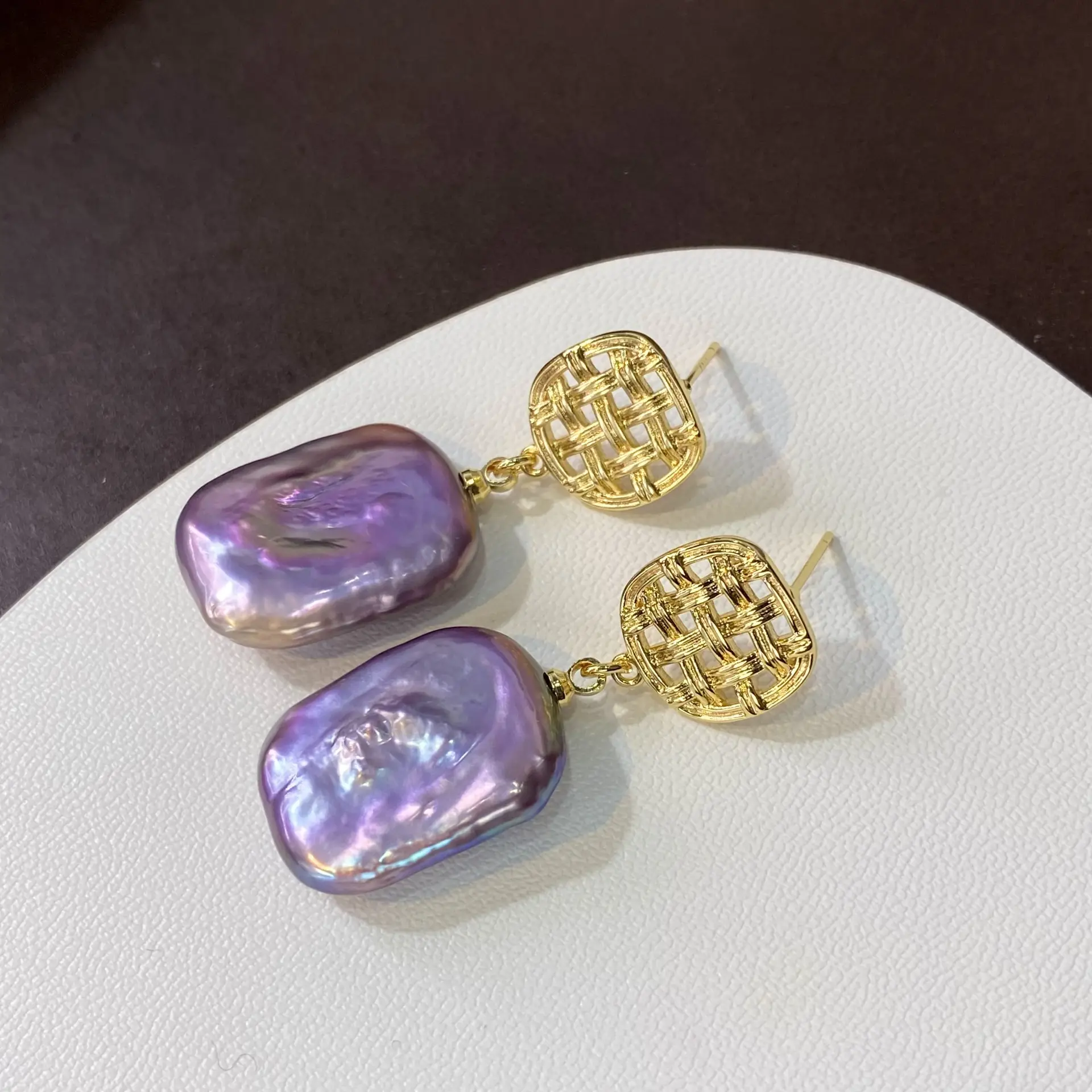 Natural Freshwater Baroque Square Earrings Special Shaped Colorful Purple Pearl Earrings French S925 Silver Ear Needle Earrings - Image 4