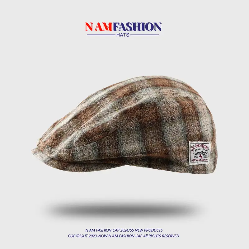 Japanese Retro Plaid Men's Peaked Cap Brown Beige - Image 5