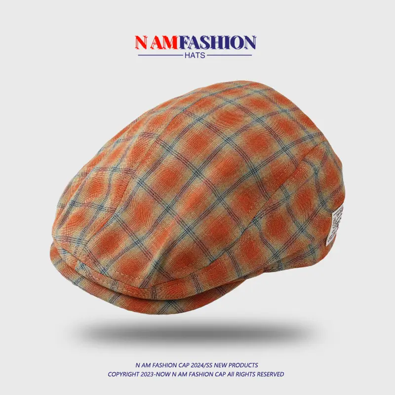 Japanese Retro Plaid Men's Peaked Cap Brown Beige — feature 11