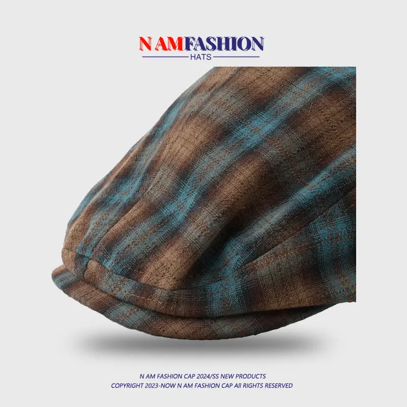Japanese Retro Plaid Men's Peaked Cap Brown Beige — feature 12