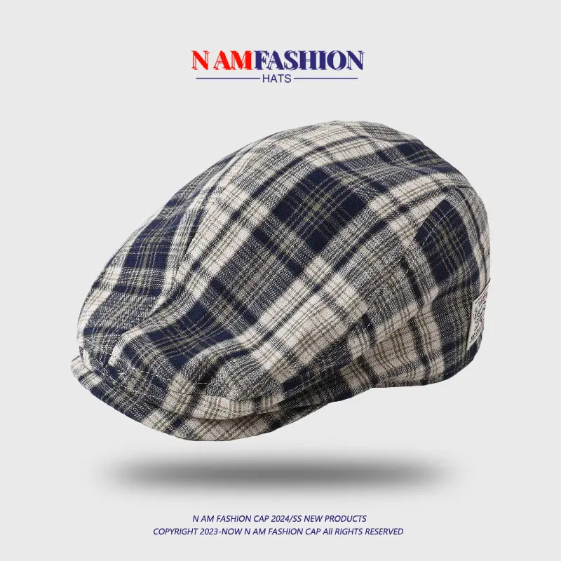 Japanese Retro Plaid Men's Peaked Cap Brown Beige — feature 7