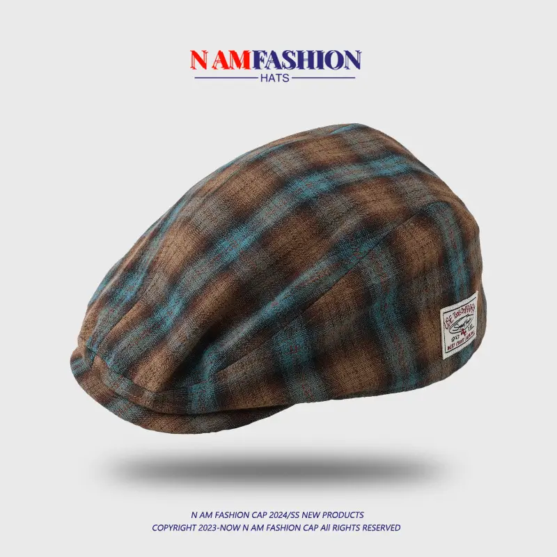 Japanese Retro Plaid Men's Peaked Cap Brown Beige — feature 9