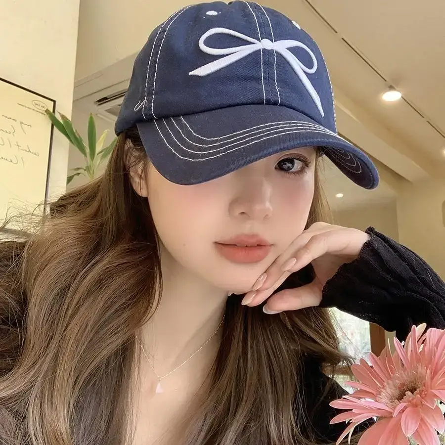 Women Embroidered Bowknot Cap Wide Brim Blue 2024