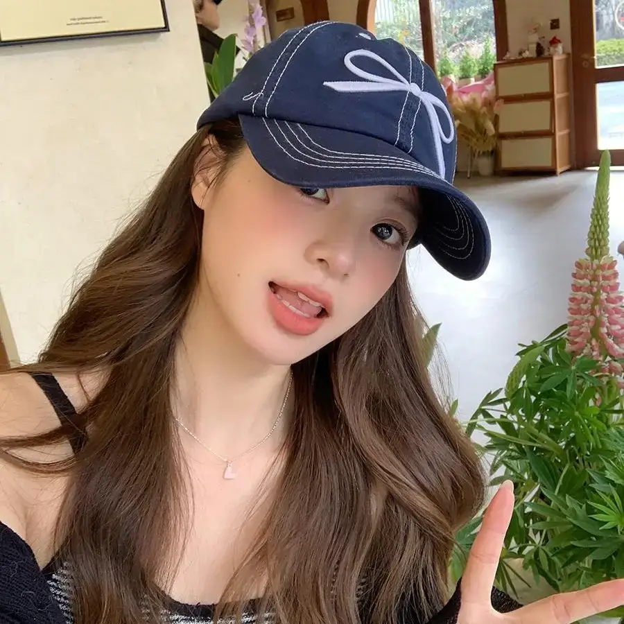 Women Embroidered Bowknot Cap Wide Brim Blue 2024