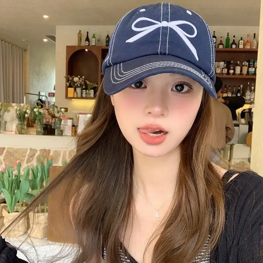 Women Embroidered Bowknot Cap Wide Brim Blue 2024