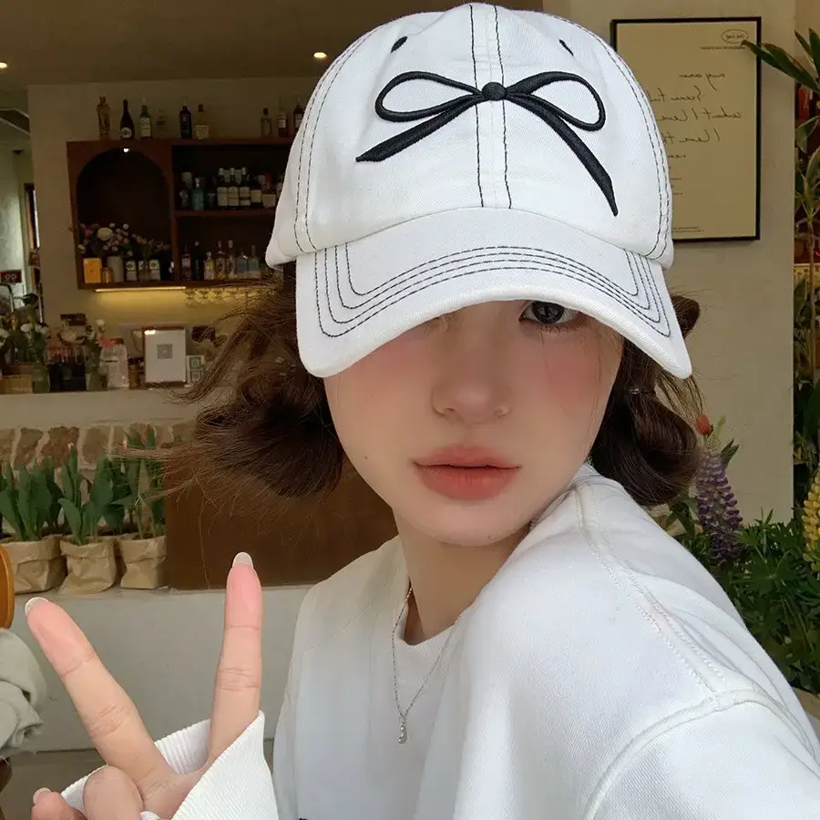Women Embroidered Bowknot Cap Wide Brim Blue 2024