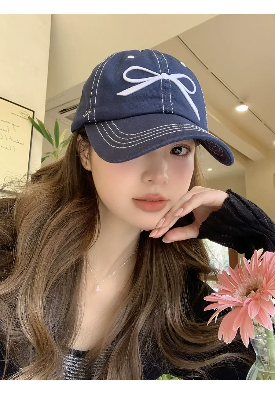 Women Embroidered Bowknot Cap Wide Brim Blue 2024 — feature 3
