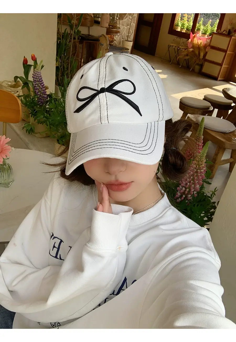 Women Embroidered Bowknot Cap Wide Brim Blue 2024 — feature 7